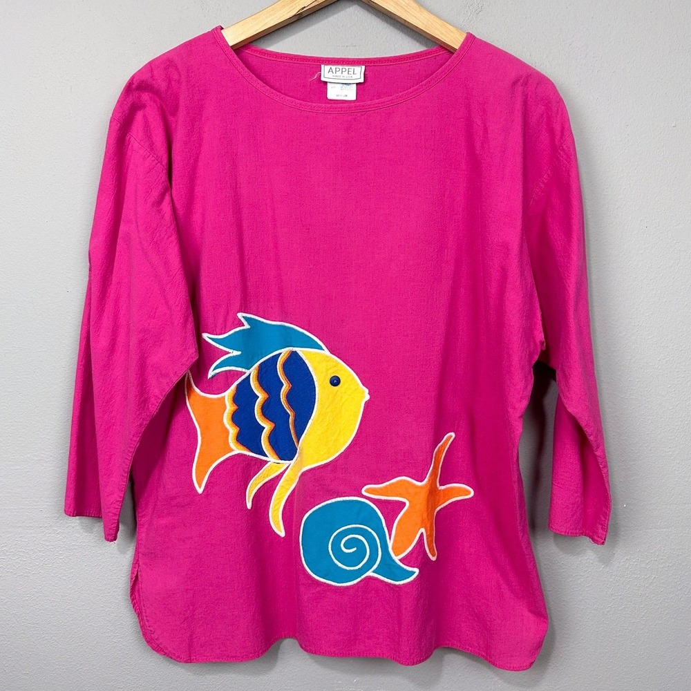 Vintage 80s 90s Top Women Size M Hot Pink Fish Starfish Kitsch Union Made Blouse